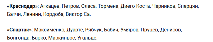 Обнародованы составы команд «Краснодара» и «Спартака» на матч РПЛ