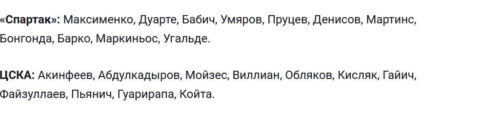 Составы «Спартака» и ЦСКА на дерби в 16-м туре РПЛ
