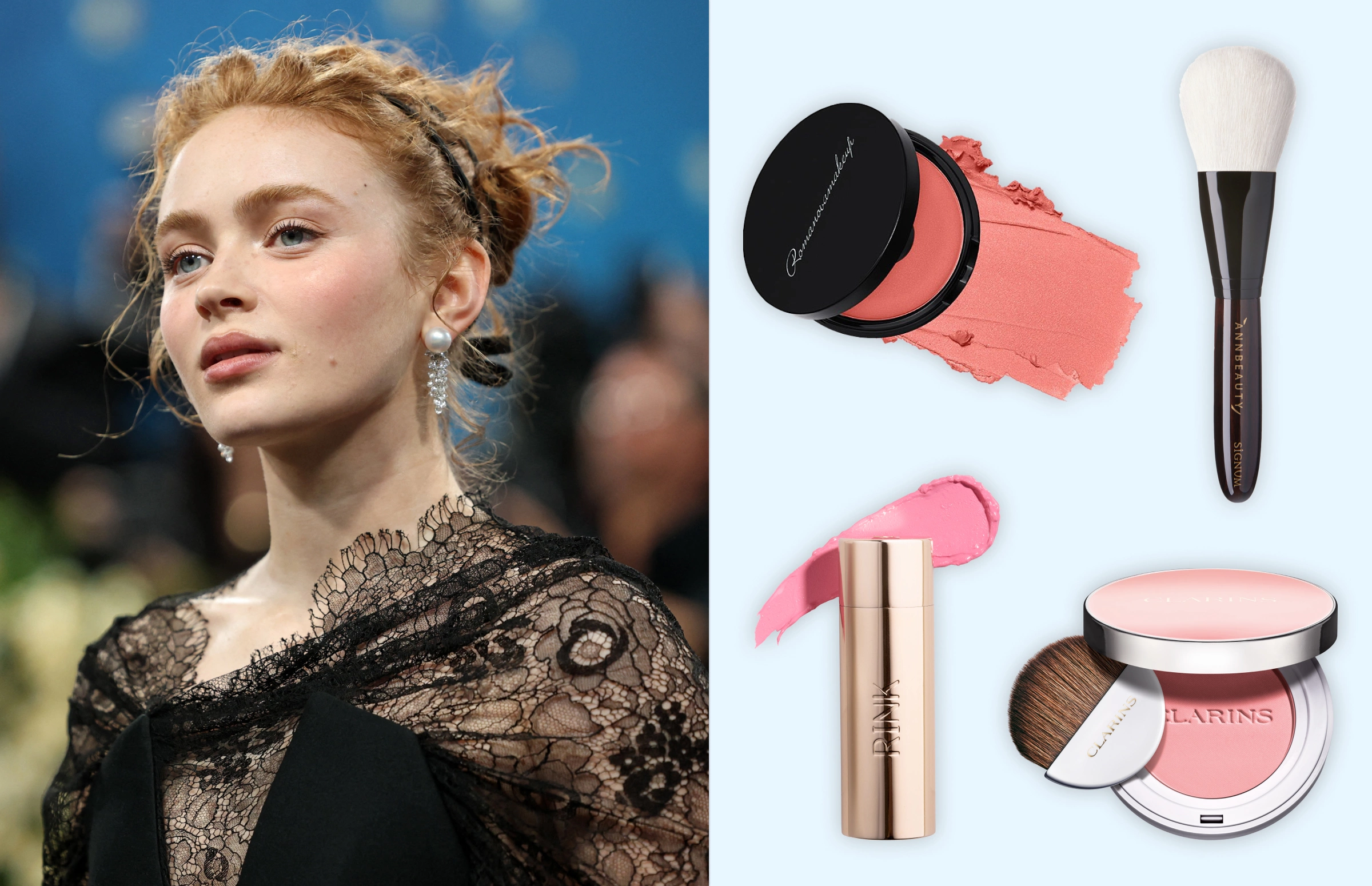 Слева: Сэди Синк. Справа: кремовые румяна Sexy Cream Blusher, оттенок Good girl, Romanovamakeup.