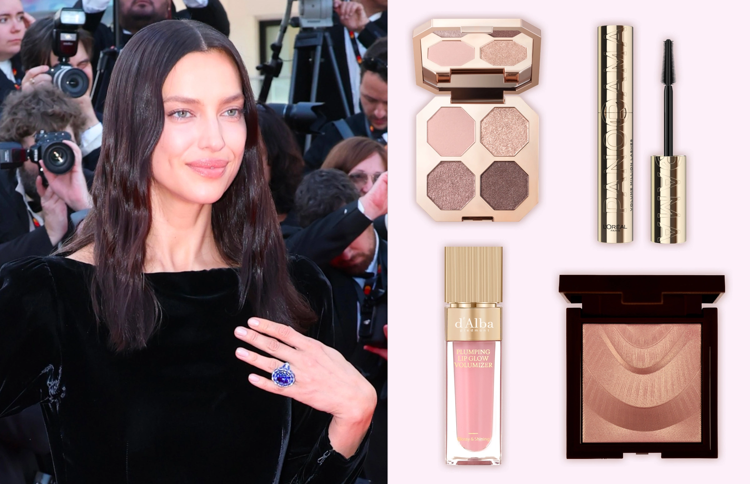 Слева: Ирина Шейк. Справа: палетка теней для век Dream velvet eyeshadow palette, Delicate, Dear Dahlia, 3930 руб. (Ozon); тушь для ресниц Volume Million Lashes Panorama, оттенок черный, L'Oreal Paris, 783 руб. (Лэтуал); блеск-плампер для губ Plumping Lip Glow Mood Volumizer, оттенок Feeble Pink, d'Alba, 2475 руб. (Ozon); компактный хайлайтер для лица, оттенок 1 Prismatic Romance, Colorbar, 5880 руб. (Рив Гош)