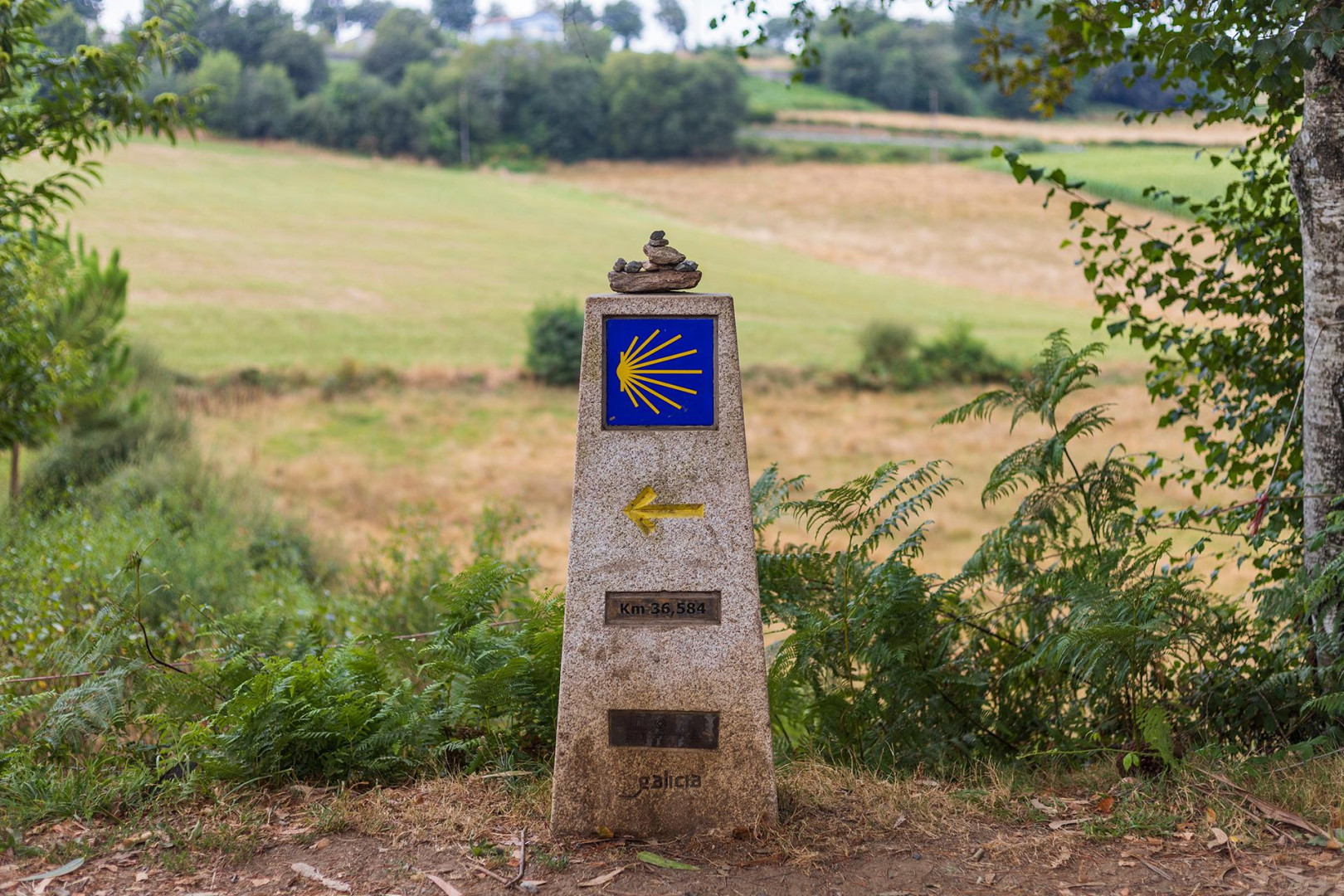Указатель на паломнической дороге Camino de Santiago, вблизи Сантьяго-де-Компостела (Испания)