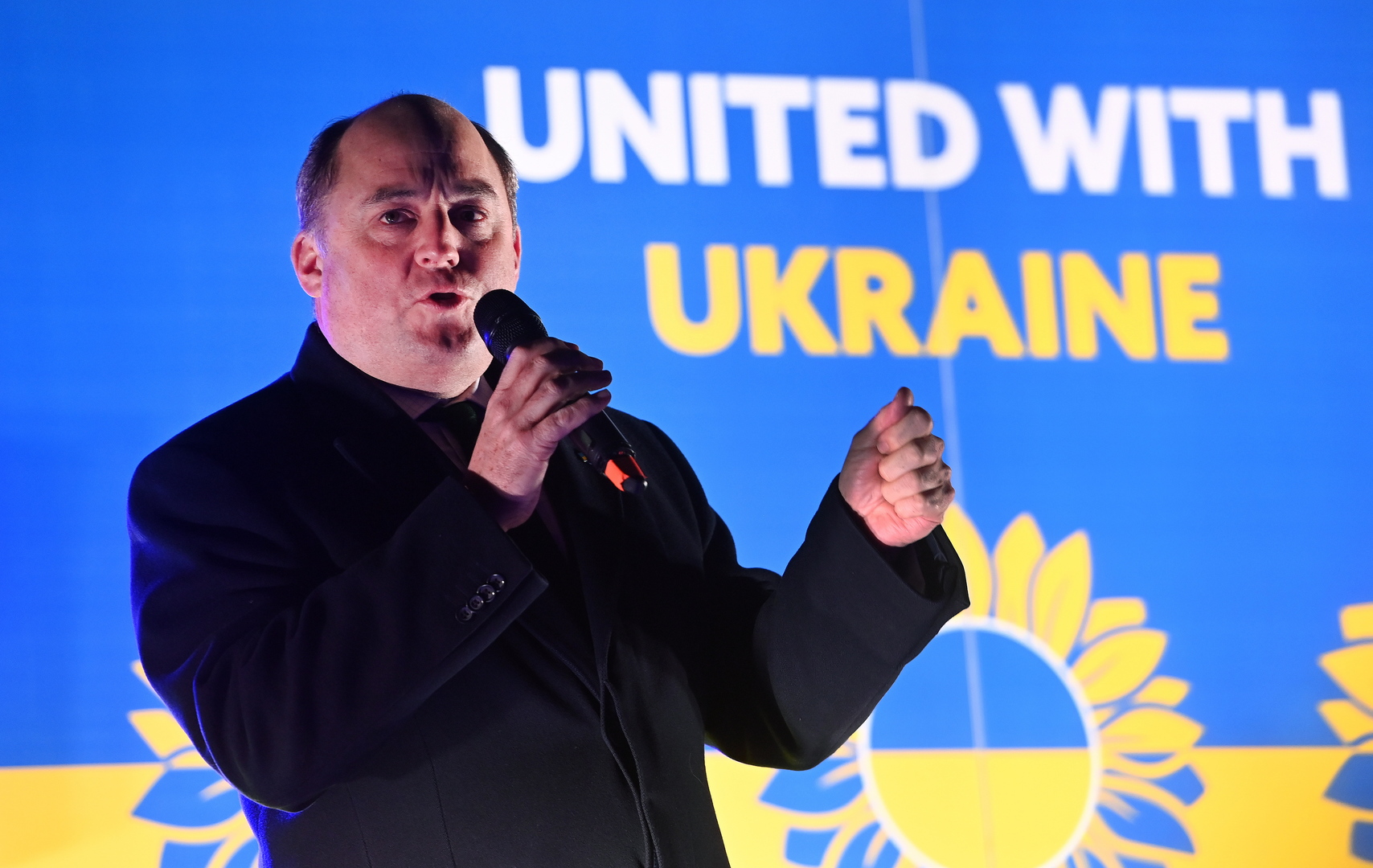 Ben Wallace speaking at a vigil for Ukraine in Trafalgar Square.