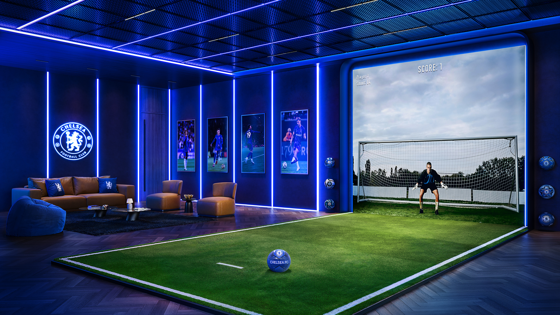 Развлекательное пространство, оформленное в тематике Chelsea FC, с мини-футбольным полем и большим экраном.