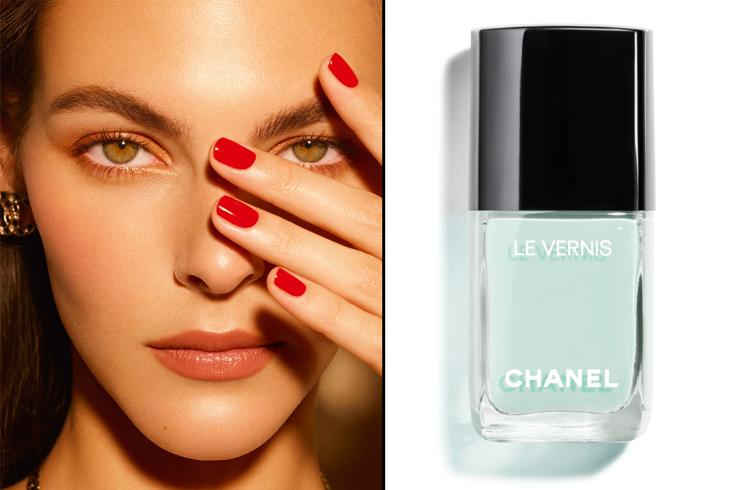 Женщина с красным маникюром и бутылочкой светло-зеленого лака Chanel.