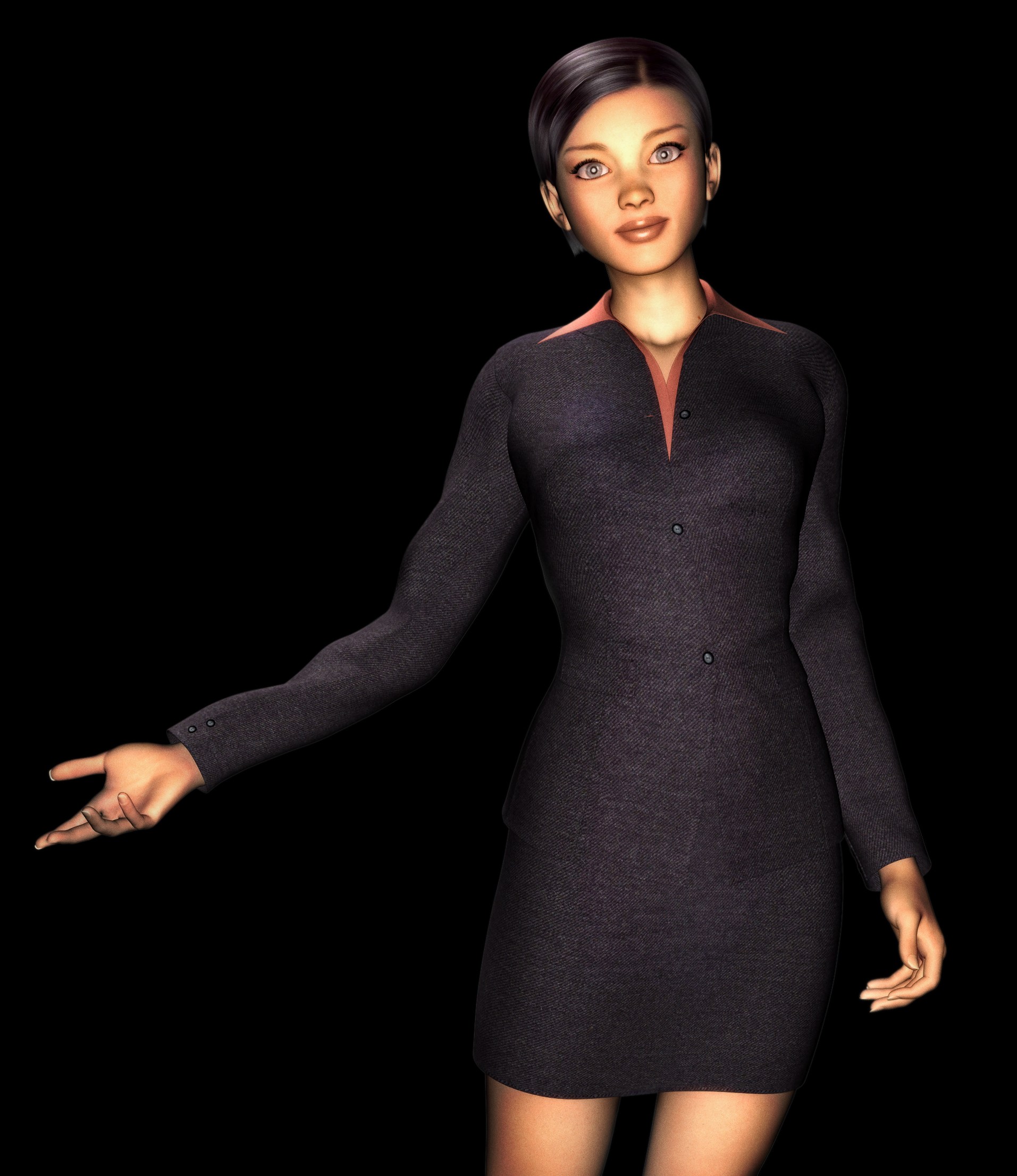 A businesswoman of the future makes a presentation. She is modelled and rendered in 3D