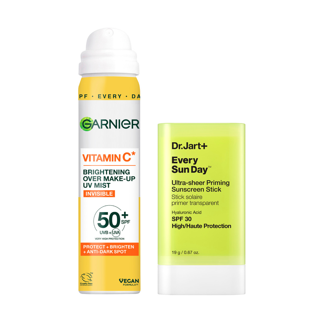 Спрей для лица Garnier с витамином C и солнцезащитный стик Dr.Jart+ Every Sun Day.