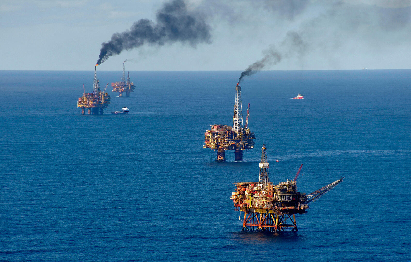 Aerial view of oil platforms in the North Sea.