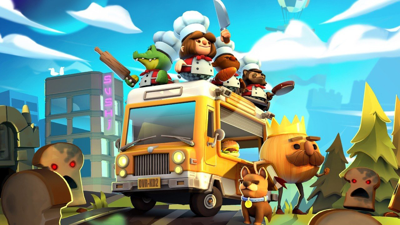 Иллюстрация персонажей Overcooked 2 на фургоне с едой.