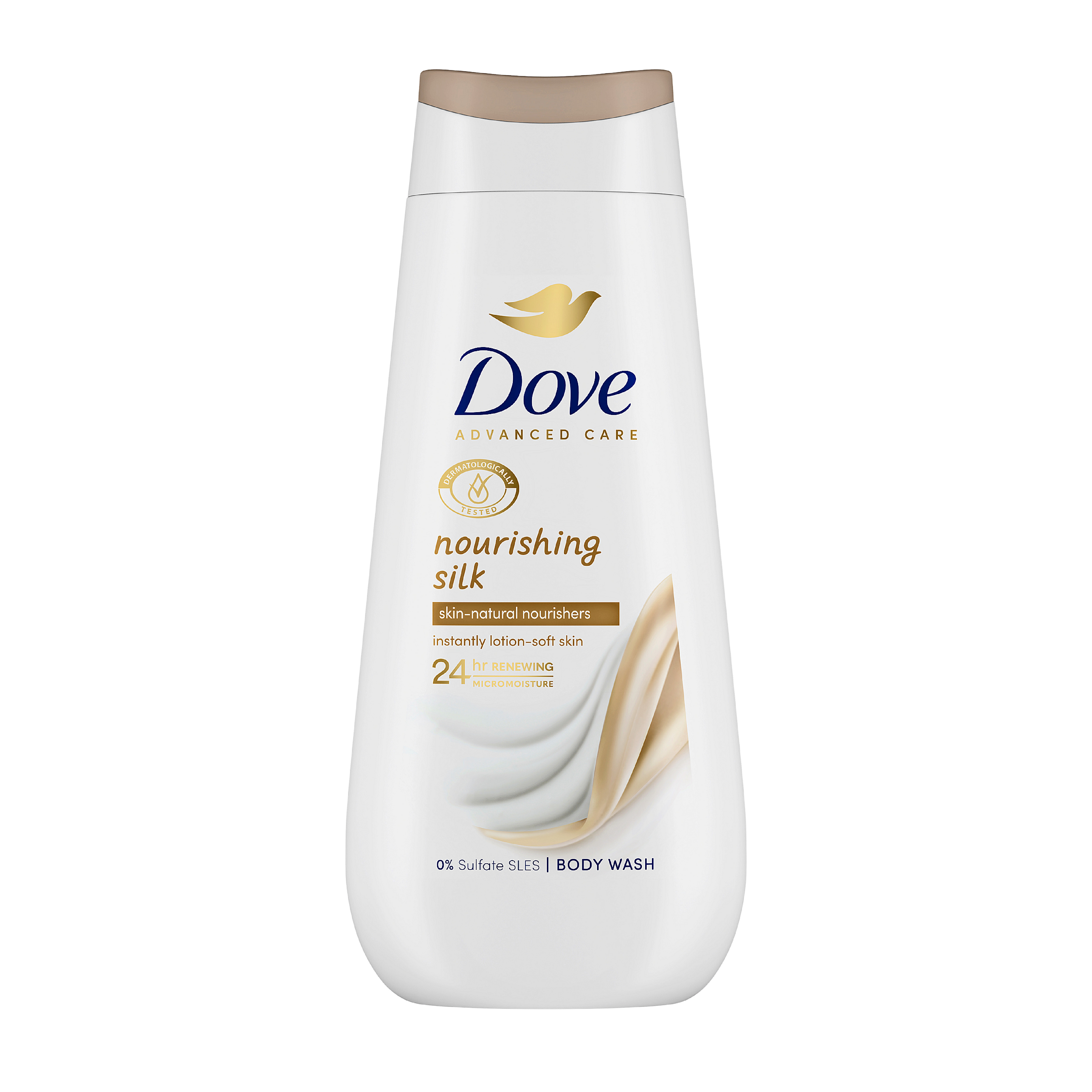 Бутылка средства для душа Dove Advanced Care Nourishing Silk.