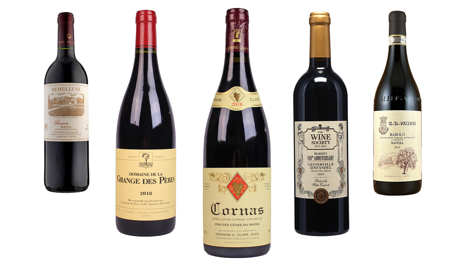 Слева направо: 2015 Remelluri Rioja Reserva; 2018 Domaine de la Grange des Pères, IGP Pays d’Hérault; 2018 Cornas, Domaine A Clape; 2019 150th Anniversary Geyserville Zinfandel; 2018 Barolo ‘Ravera’ GD Vajra