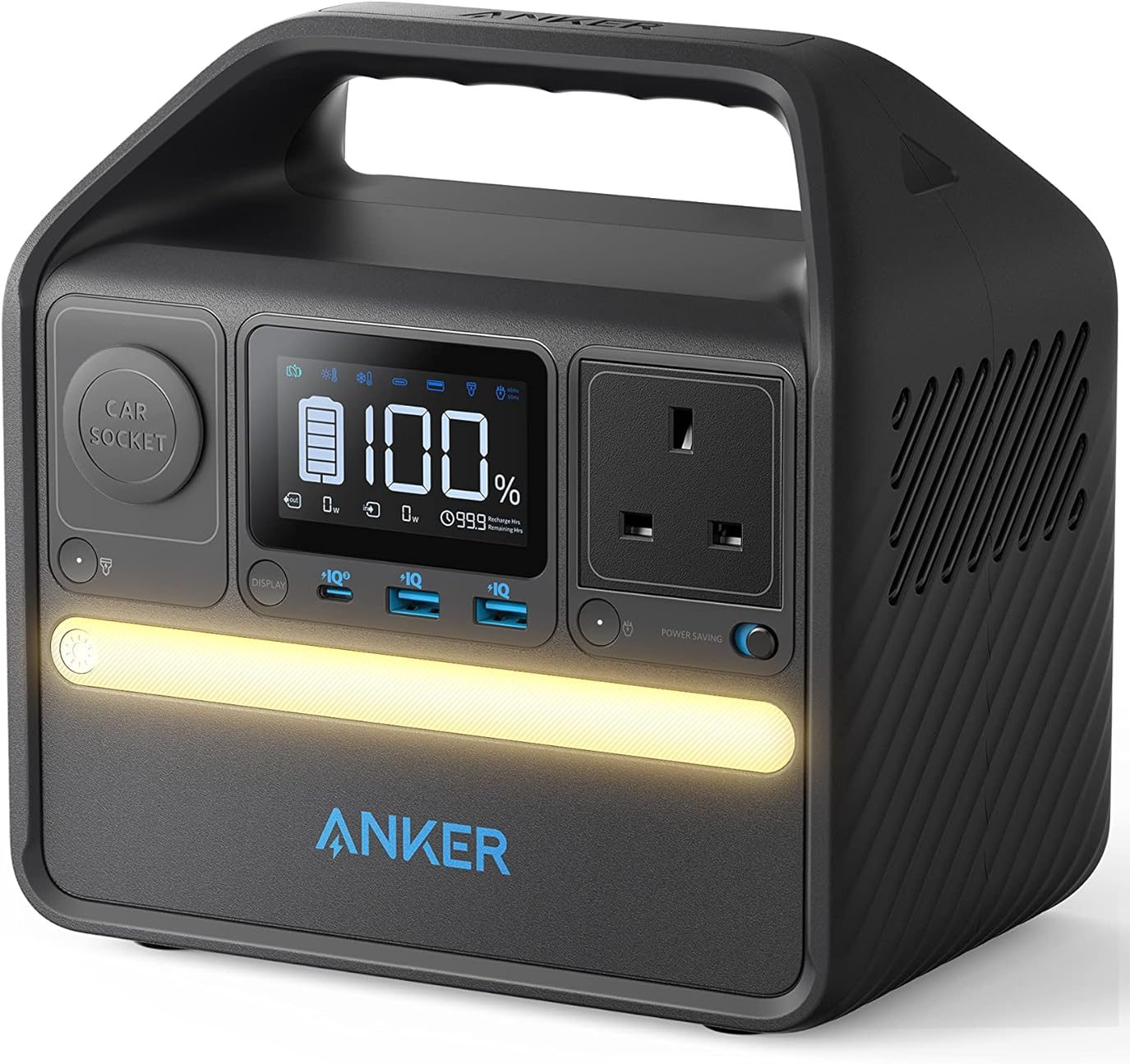 черное устройство Anker с дисплеем, на котором написано 100 %