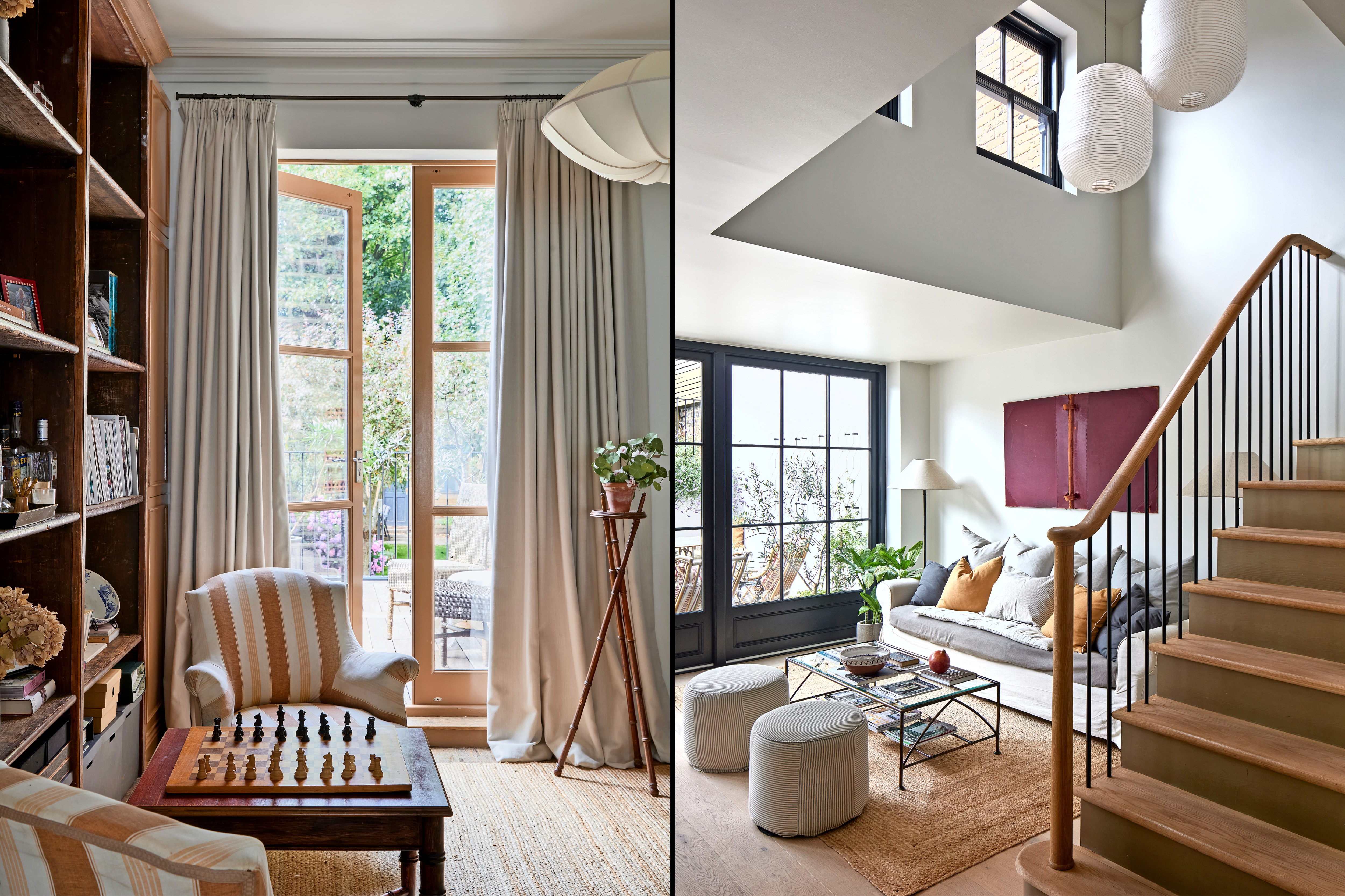 Diptych showing two views of a home interior: a sitting area with a chessboard and a living room with a sofa and stairs.