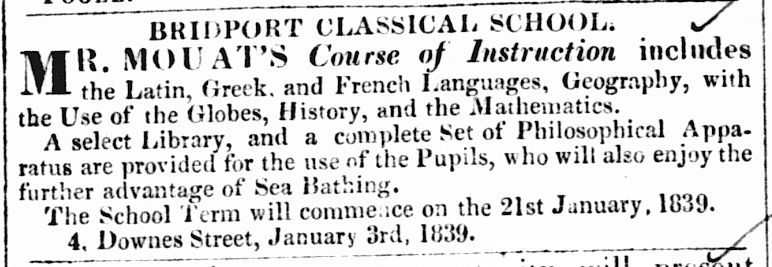 Реклама курса обучения мистера Моуата в Dorset County Chronicle в 1839 году