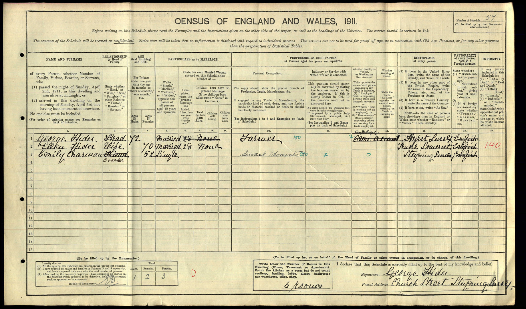 Форма переписи населения Англии и Уэльса 1911 года для 6 Church Street, Steyning.