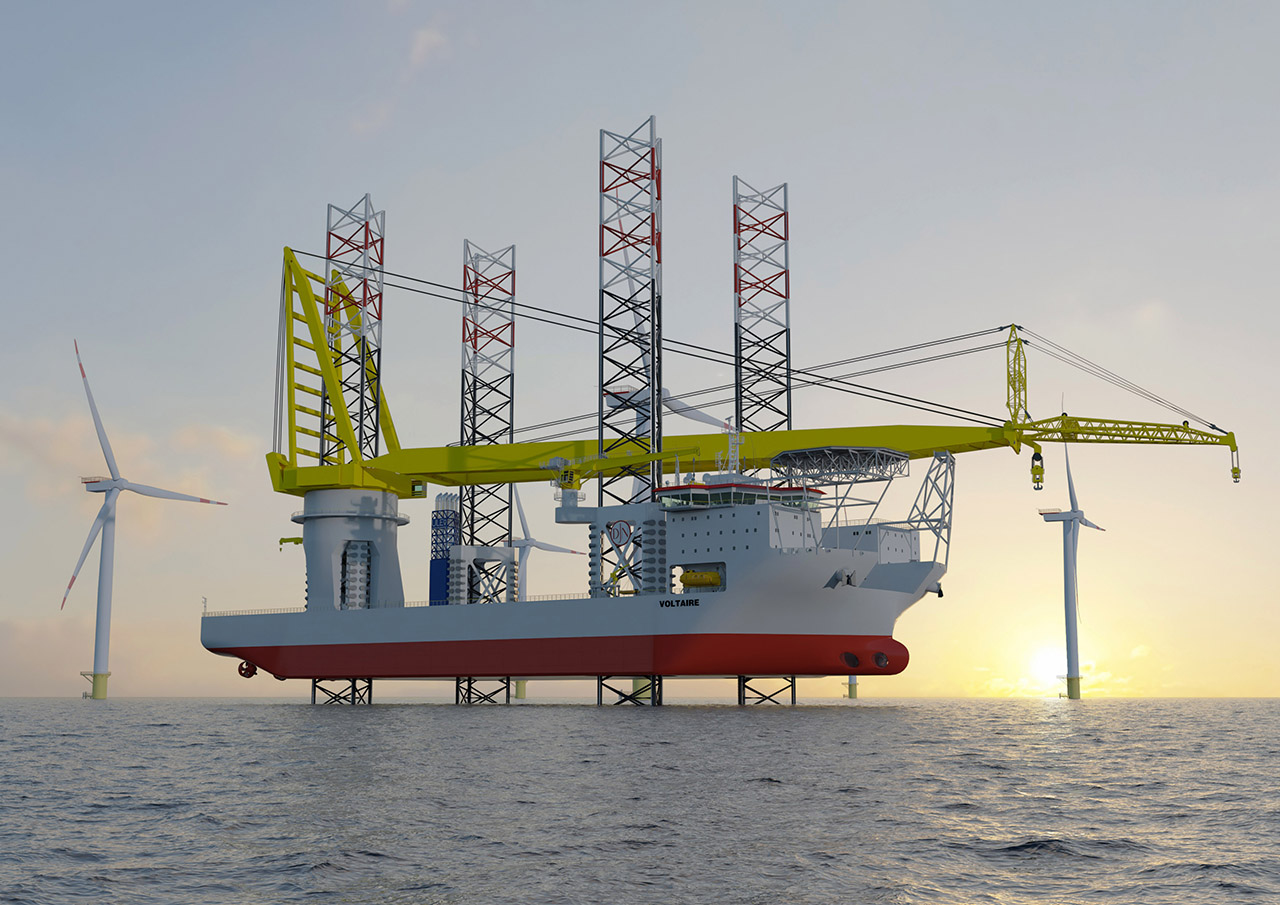 Image of the Voltaire, a jack-up installation vessel working on wind turbine installation at the Dogger Bank Wind Farm.