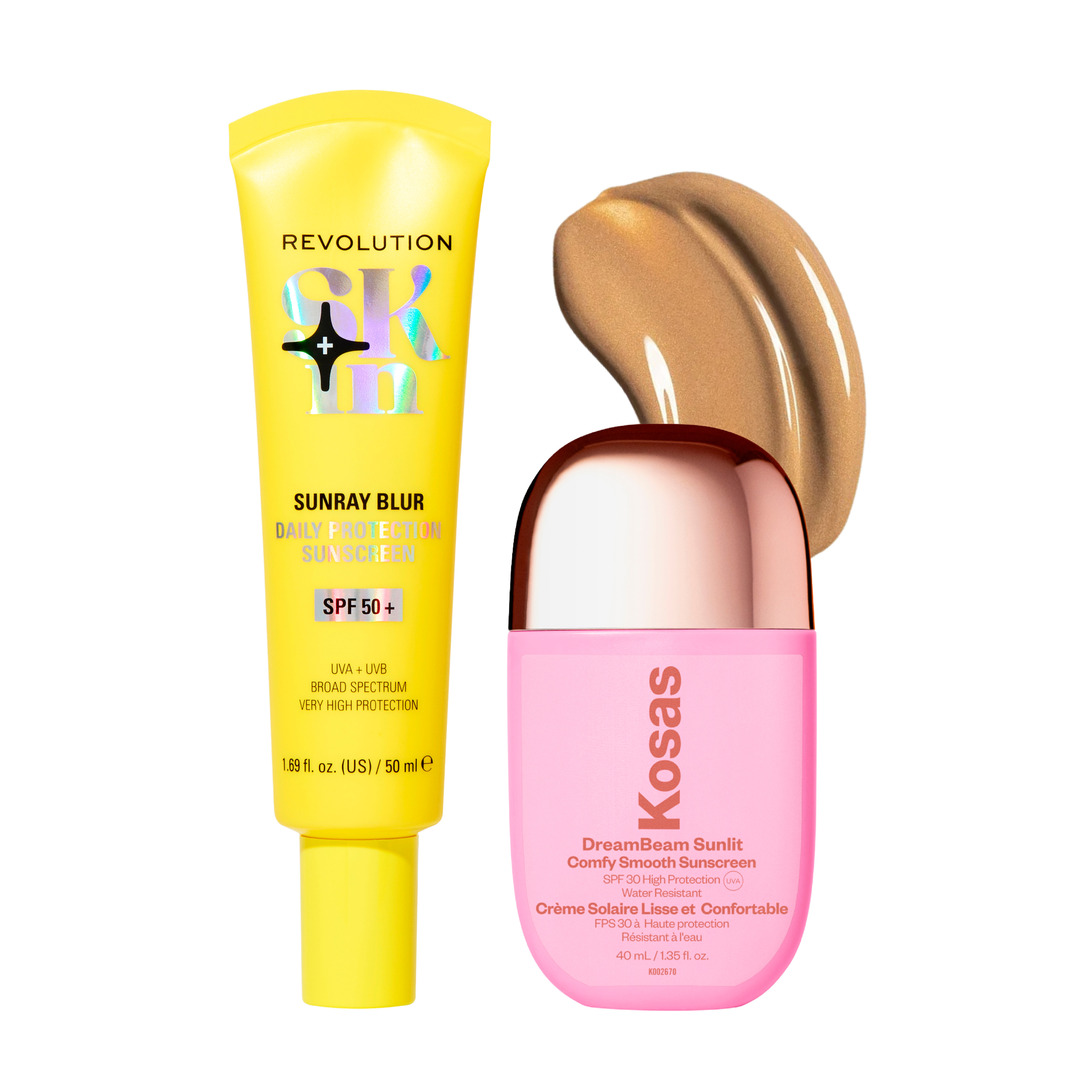 Солнцезащитный крем Revolution Sunray Blur SPF 50+ и Kosas DreamBeam Sunlit SPF 30.