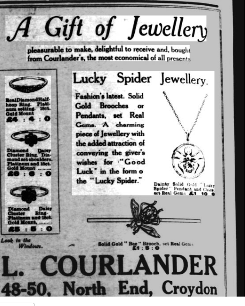 Реклама украшений Lucky Spider, Croydon Times, ноябрь 1921 года