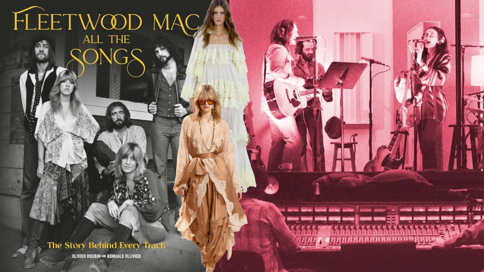 Коллаж обложки альбома Fleetwood Mac, моделей моды в одежде, вдохновленной 70-ми, и запись группы в студии.