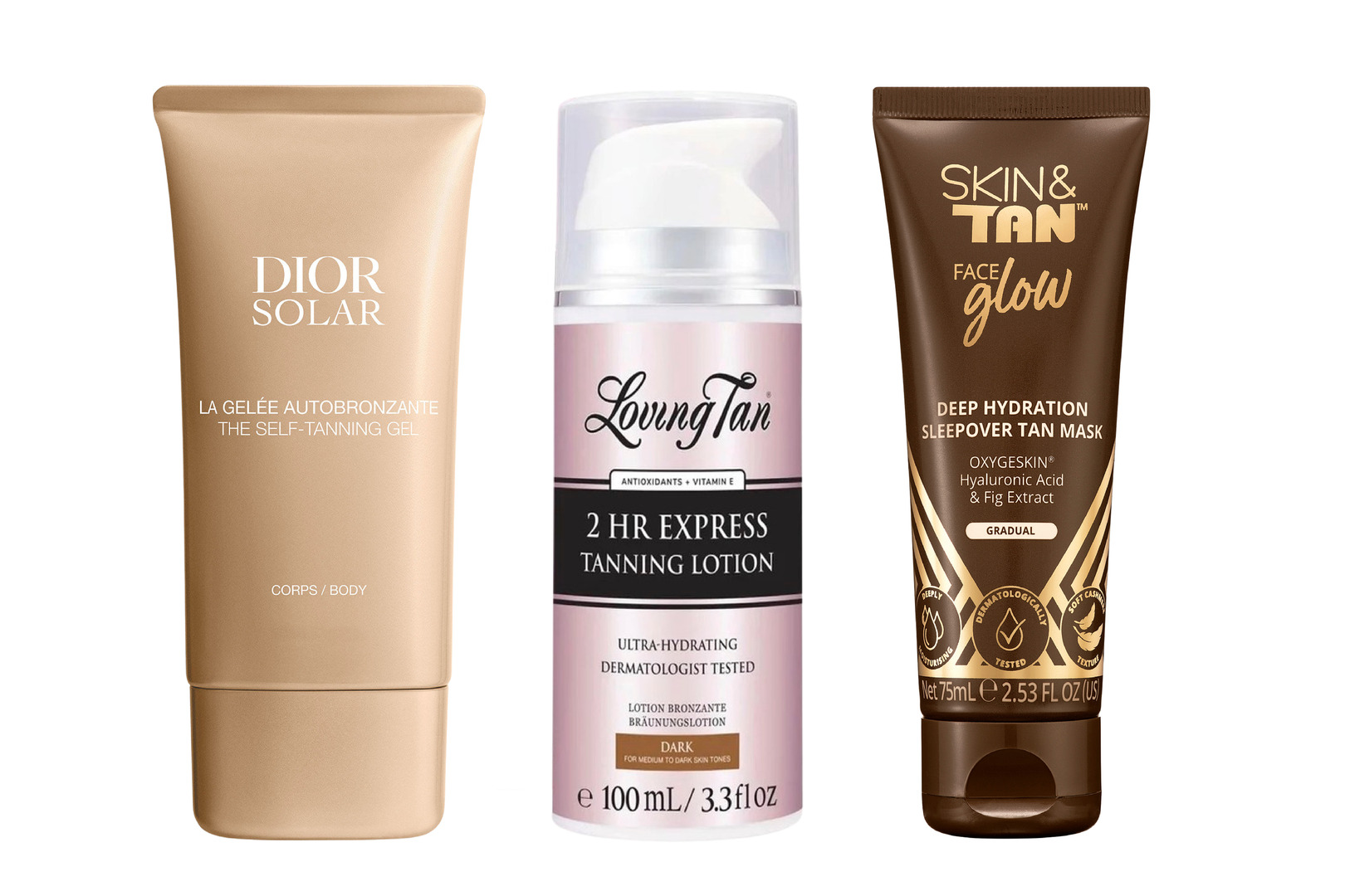 Три продукта для автозагара: гель Dior Solar, молочко Loving Tan для экспресс-загара за 2 часа и маска Skin & Tan Face Glow для глубокого увлажнения во время сна.