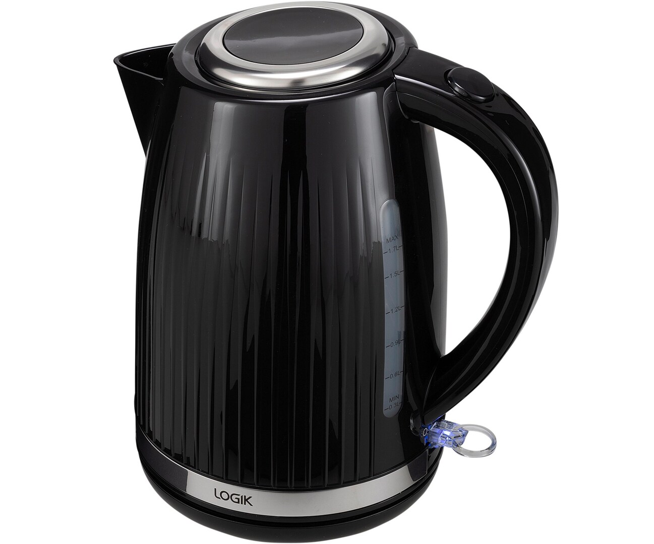Черный электрический чайник с рифленым дизайном и отметками уровня воды.