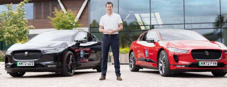 Tim Henman, the former tennis player, with all-Electric Jaguar I-Pace cars used at Wimbledon, where Vodafone tested its latest technology