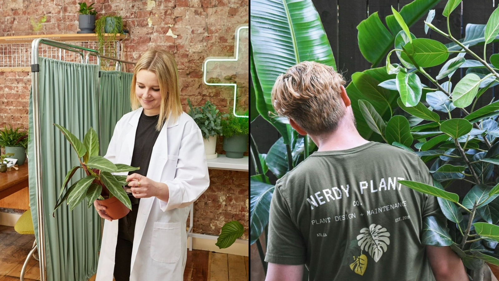 Диптих, изображающий женщину с растением и человека в футболке 'nerdy plant co.'.