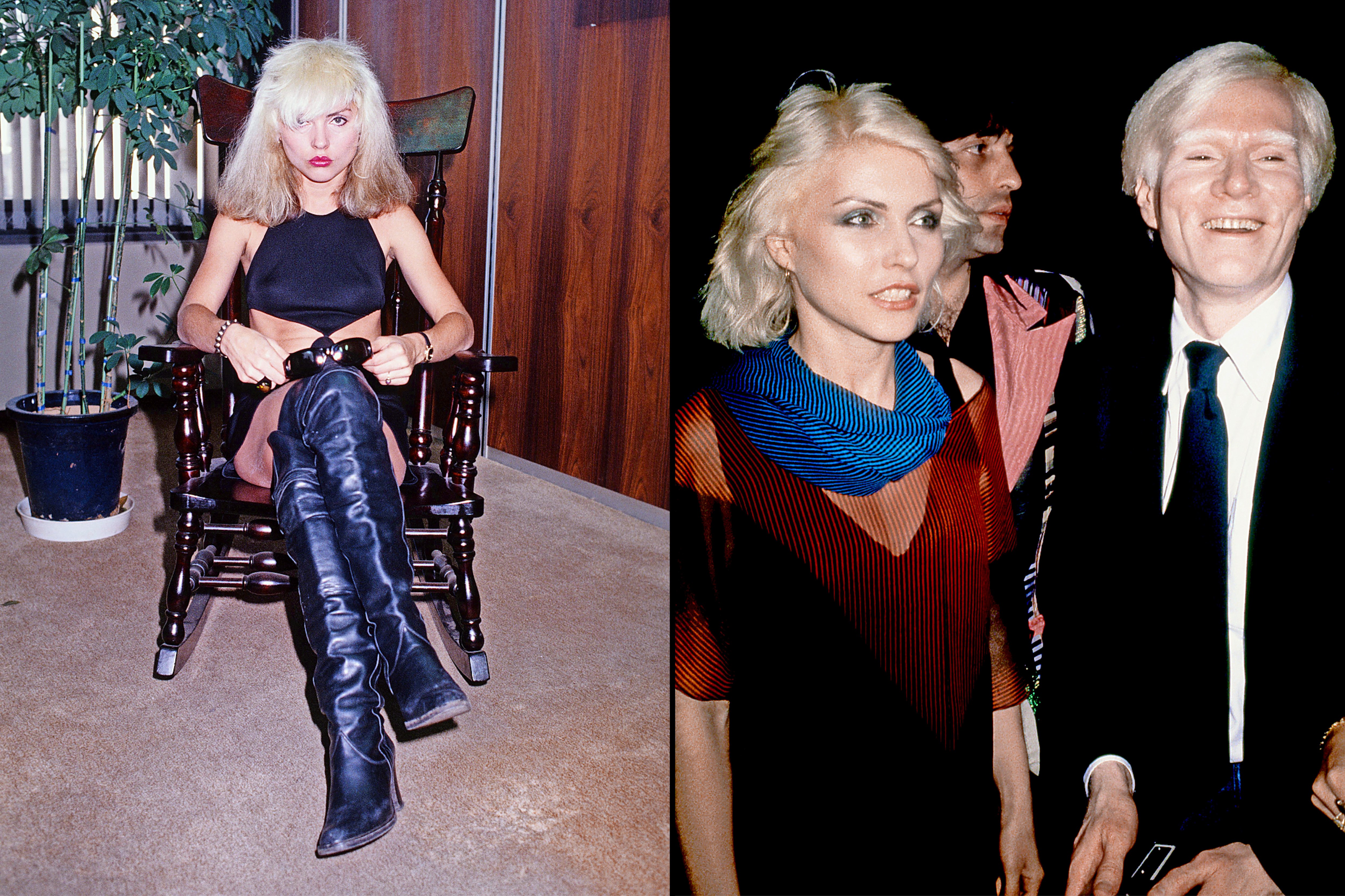 Diptych of Debbie Harry; one image shows her seated in a rocking chair, the other shows her with Andy Warhol.