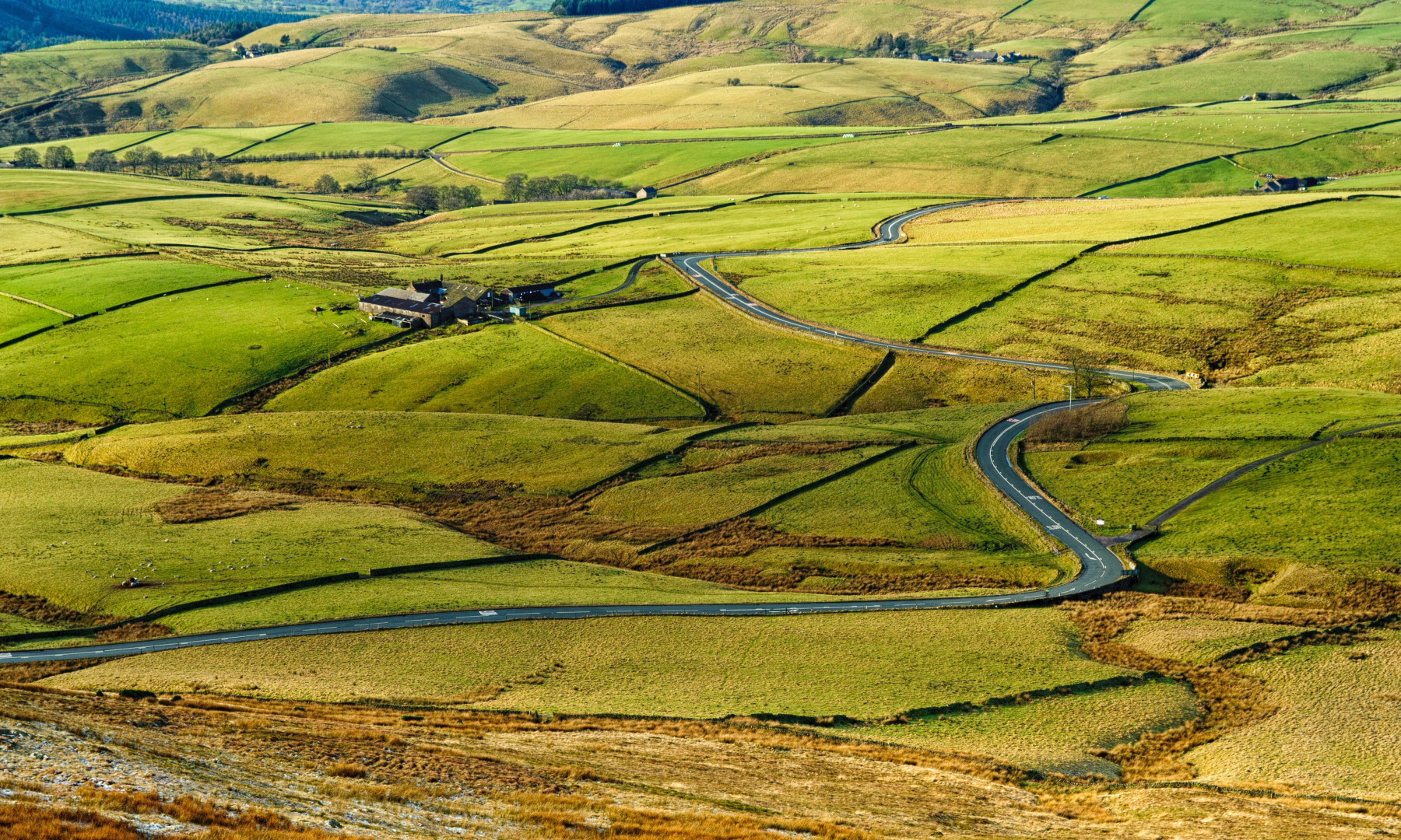 Вид сверху на дорогу A537 Cat and Fiddle, извивающуюся через зелёные поля.