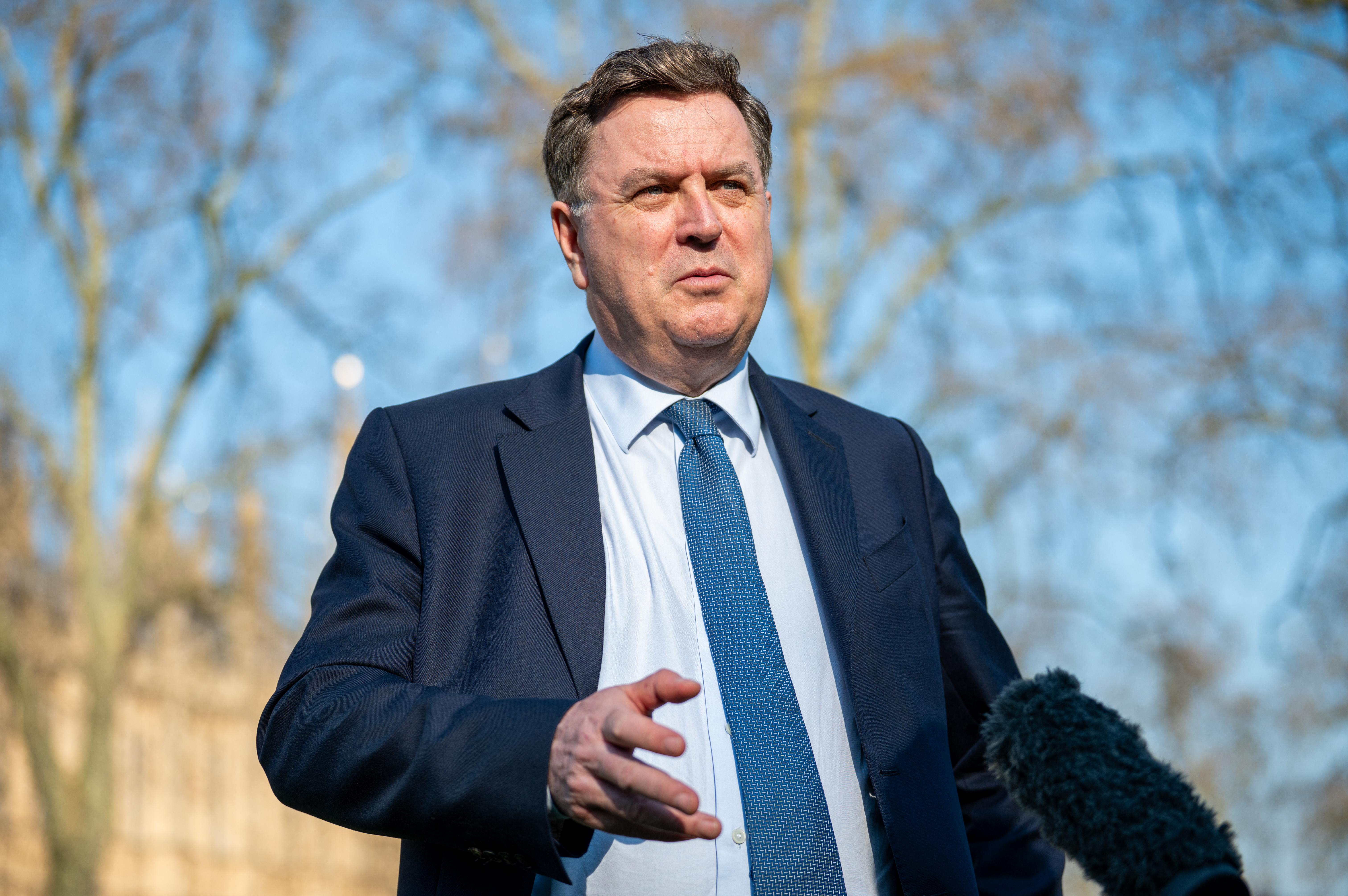 Mel Stride, Shadow Chancellor of the Exchequer, speaking to the media.