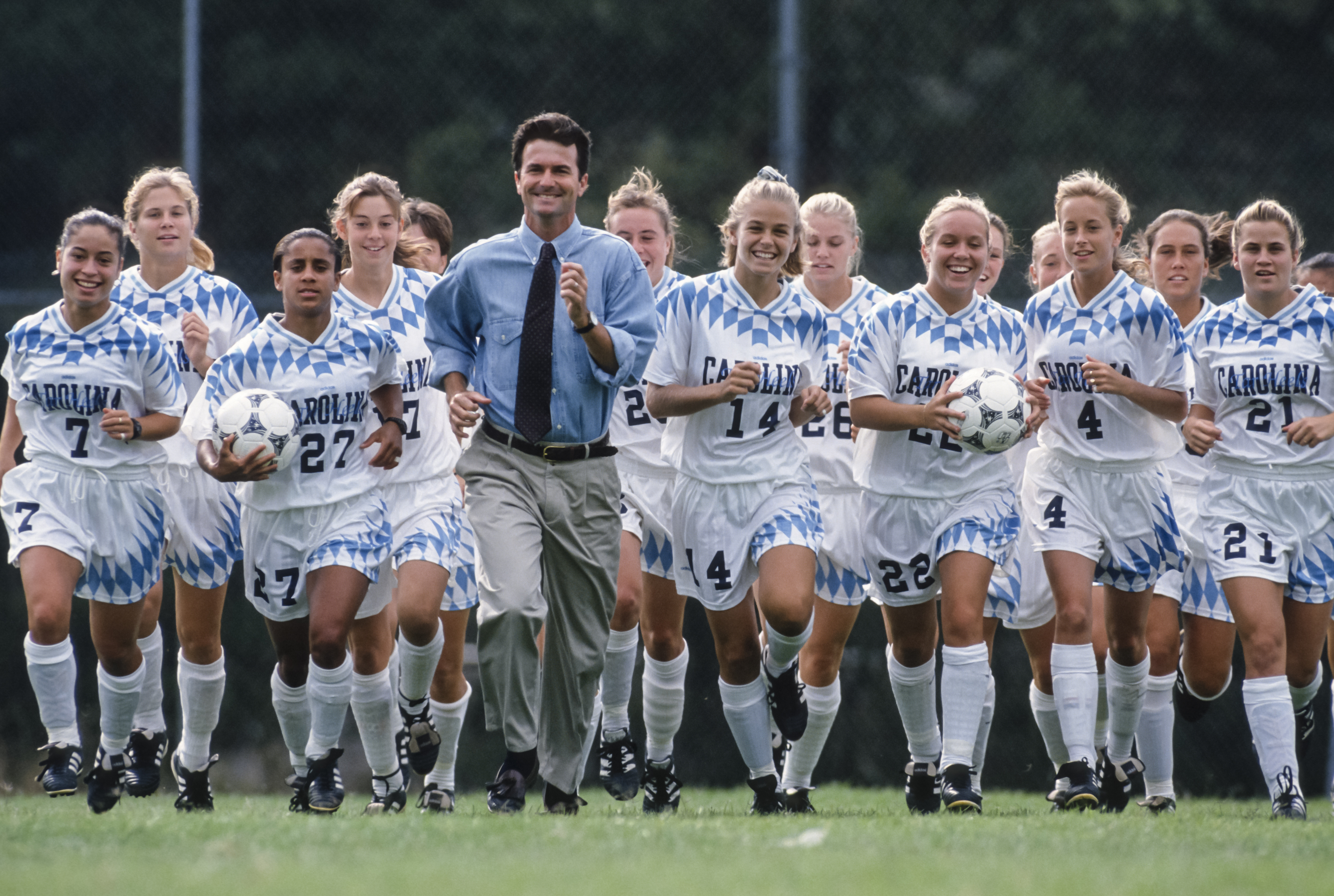 Anson Dorrance with his all-conquering University of North Carolina team in 1994