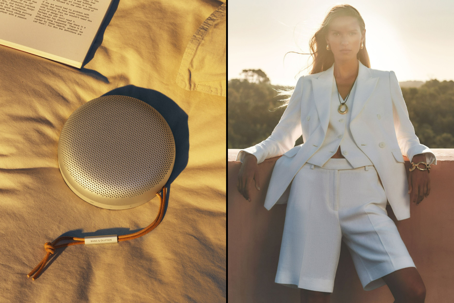 Коллаж динамика Bang & Olufsen и женщины в белом костюме.