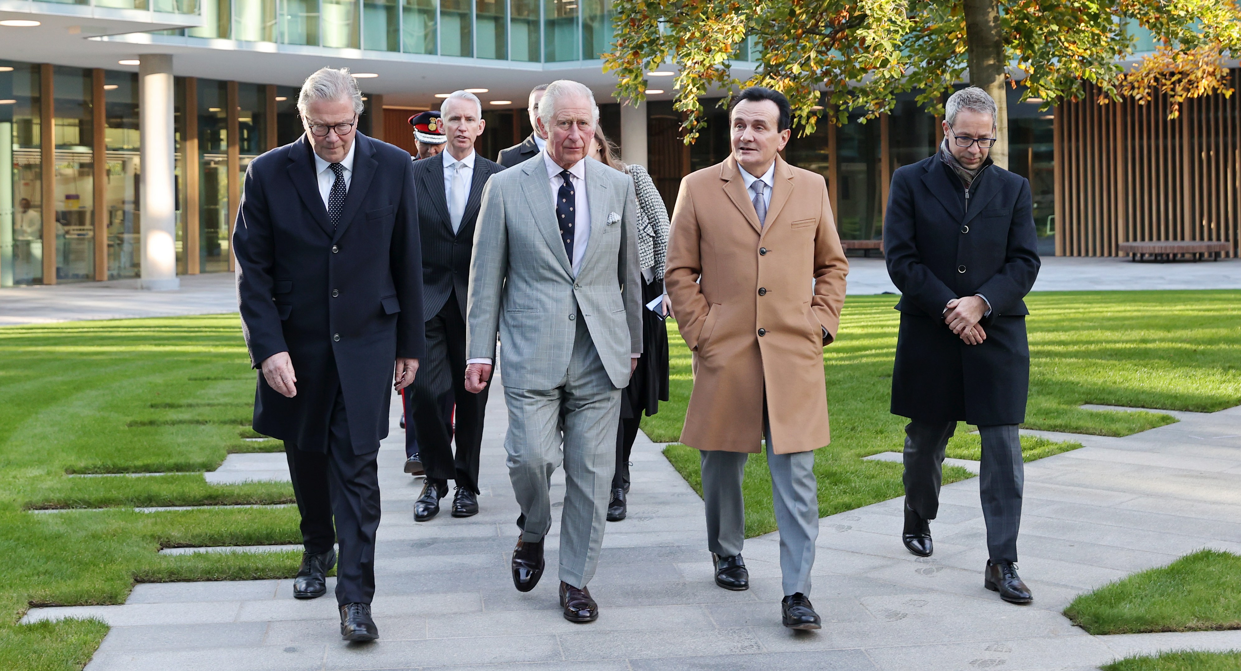 Sir Mene Pangalos, right, joined the then Prince of Wales, AstraZeneca chairman Leif Johansson, left, and chief executive Sir Pascal Soriot on a visit to the pharmaceuticals company’s Cambridge biomedical campus in 2021