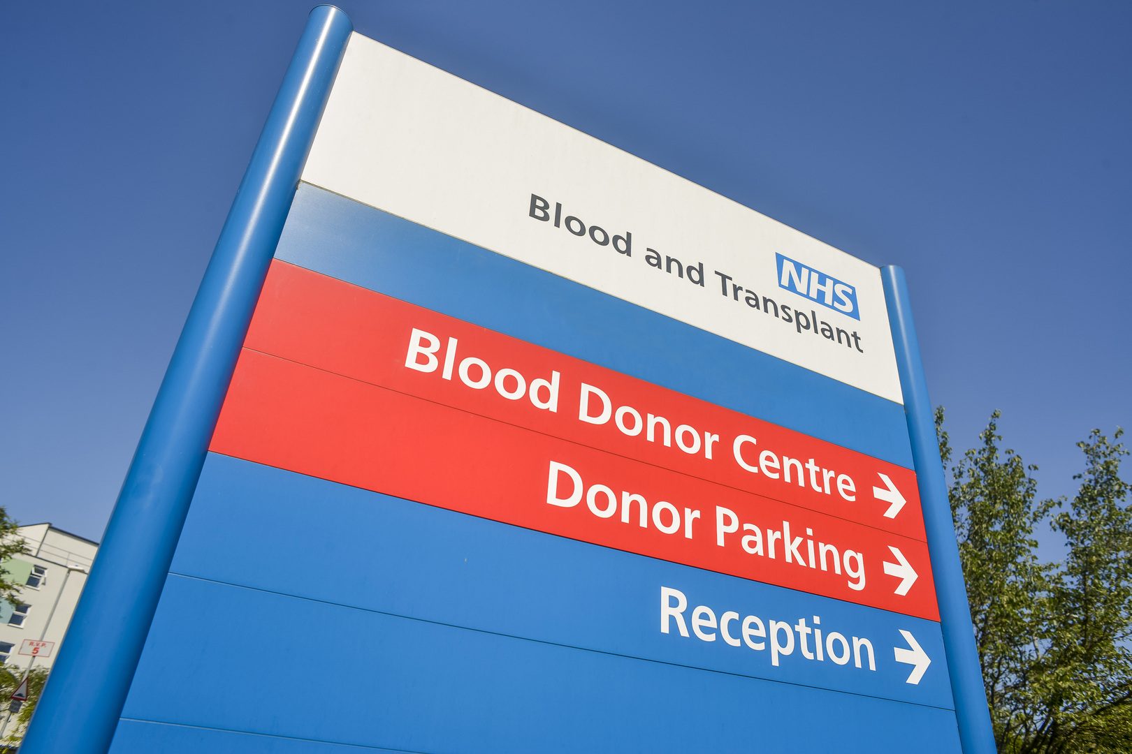 Знак NHS Blood and Transplant с указателями к центру доноров, парковке доноров и рецепции.