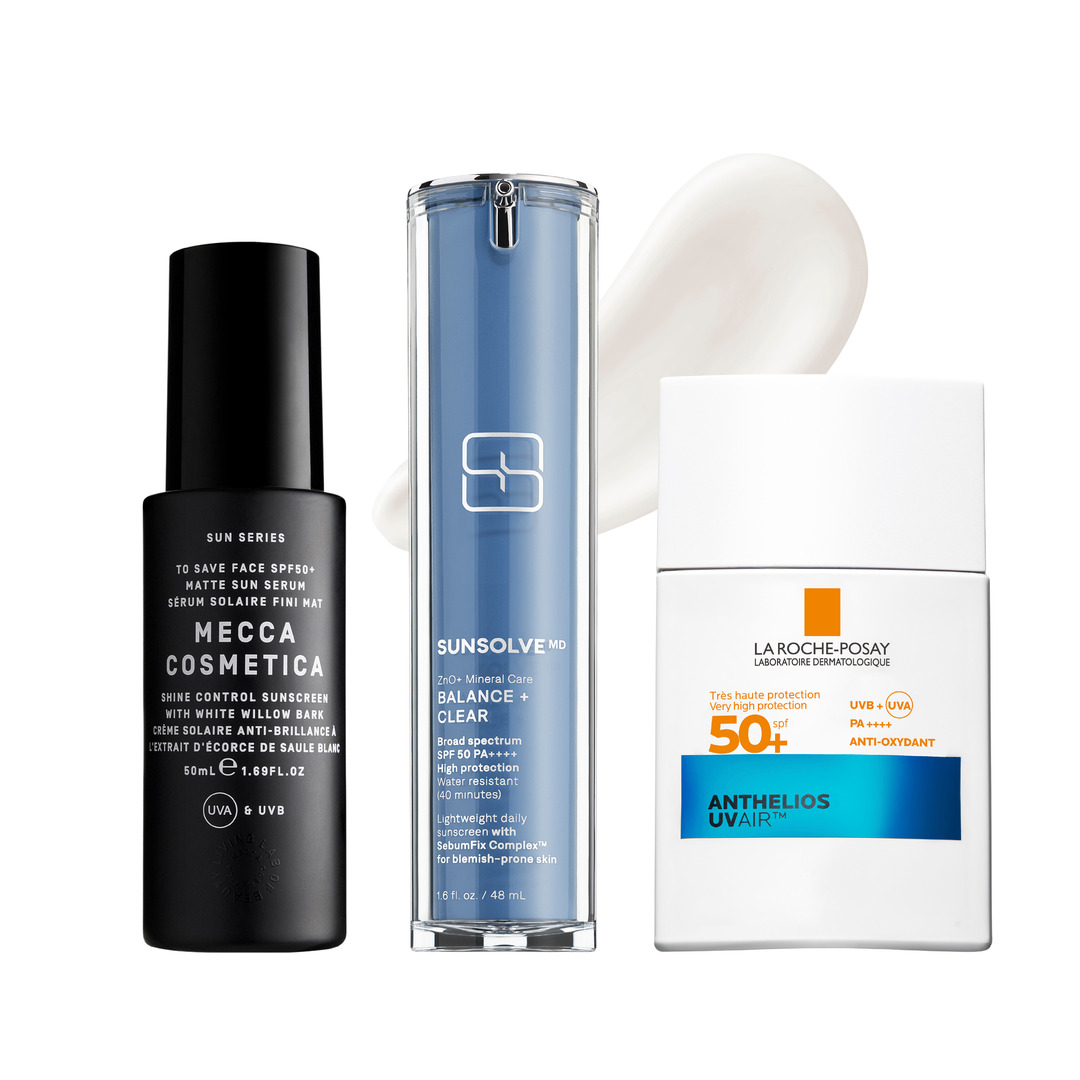 Три флакона солнцезащитного крема: Mecca Cosmetica Shine Control Sunscreen, Sunsolve MD Balance + Clear и La Roche-Posay Anthelios UVAir.